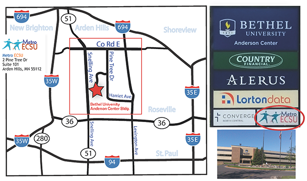 Street map of BrightWorks (formerly Metro ECSU) office and surrounding areas. Includes a picture of sign found at the building entrance that reads: Bethel University Anderson Center, Country Financial, Alerus, LortonData, Converge North Central, BrightWorks (formerly Metro ECSU)